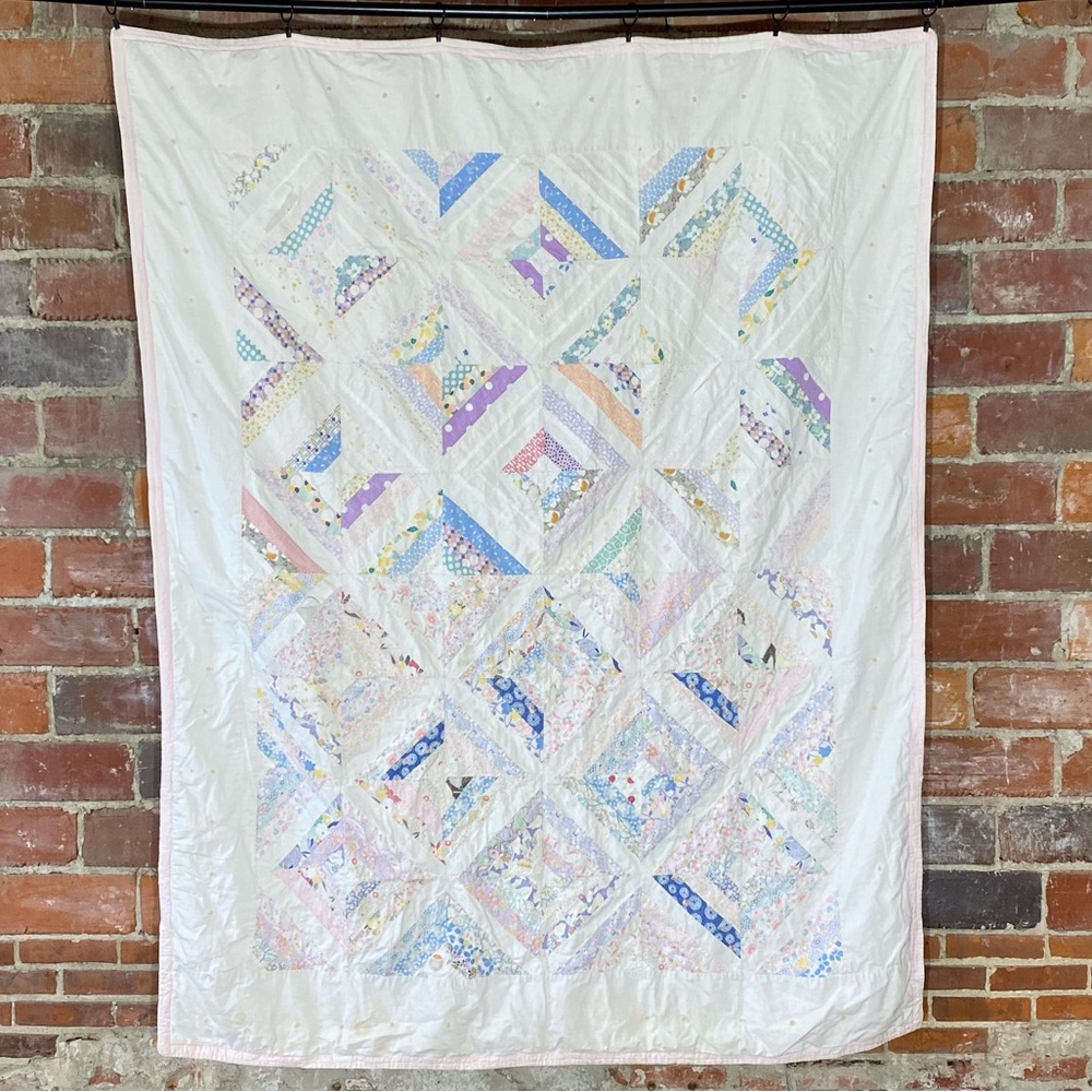 Vintage String Quilt Cutter Tie Quilt Feedsack 64” x 79”